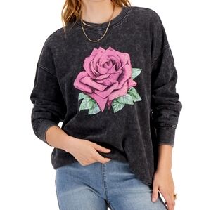 Rebellious One Juniors Rose Crewneck Sweatsh Black